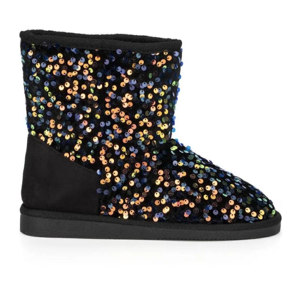 New! Olivia Miller Women's Sparkle Flip Sequin Sherpa Lined Boots - Picture 3 of 7